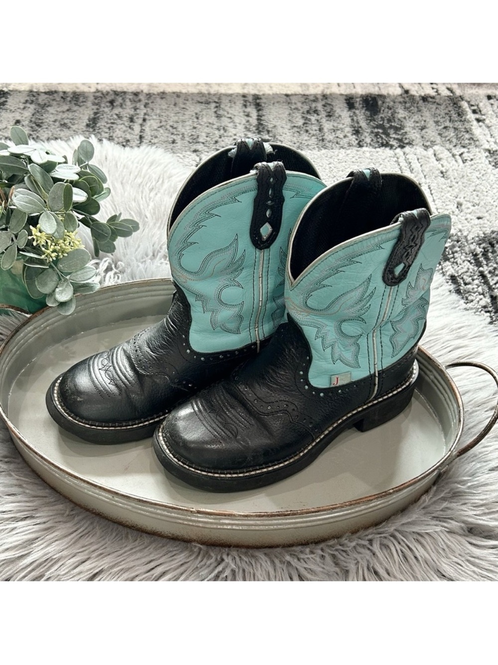 Ladies Black and Turquoise Western Ankle Booties